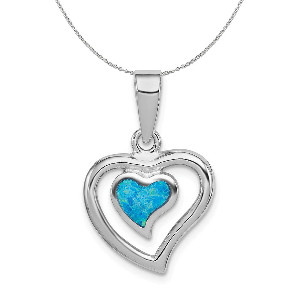 Sterling Silver and Created Blue Opal Inlay Double Heart 13mm Necklace, Item N15960 by The Black Bow Jewelry Co.