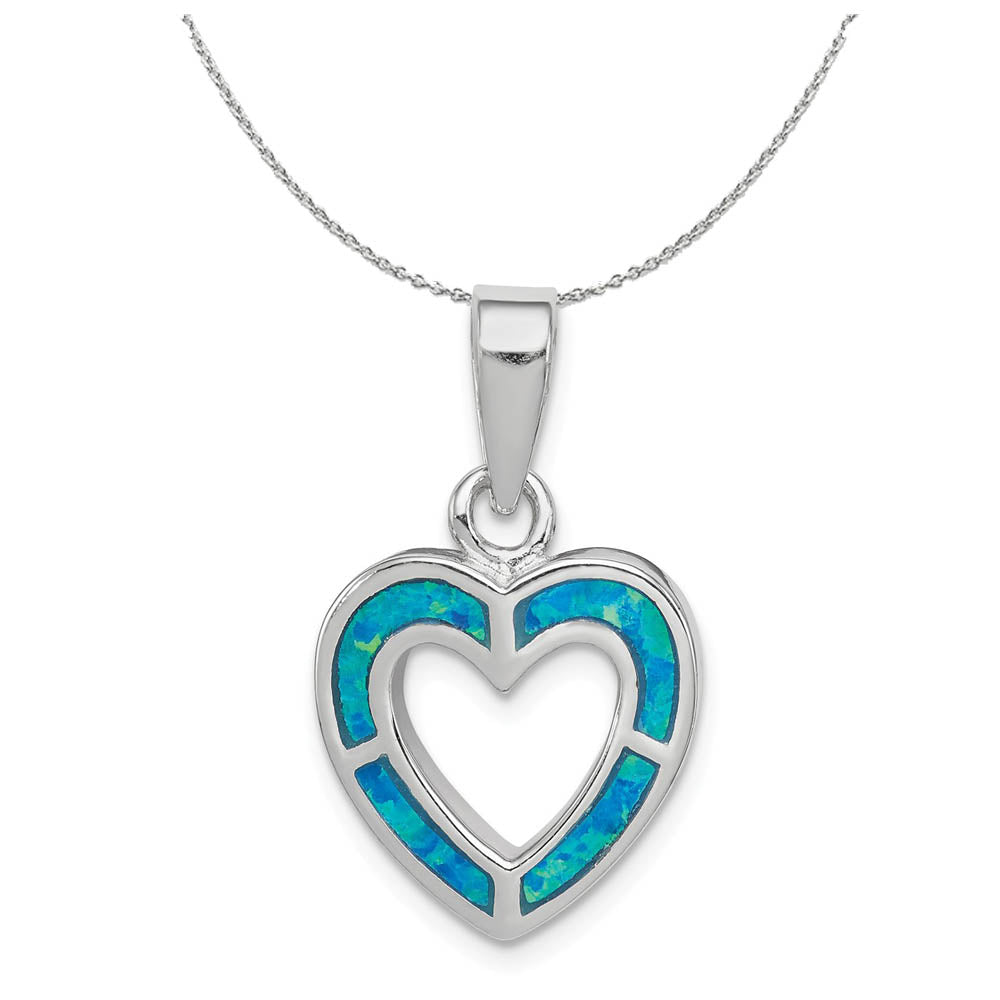 Sterling Silver and Created Blue Opal Open Inlay Heart 15mm Necklace, Item N15961 by The Black Bow Jewelry Co.