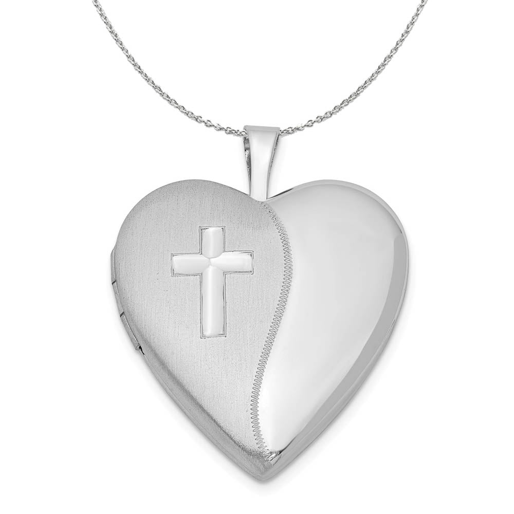 Sterling Silver 20mm Polished and Satin Heart w/ Cross Locket Necklace, Item N15963 by The Black Bow Jewelry Co.