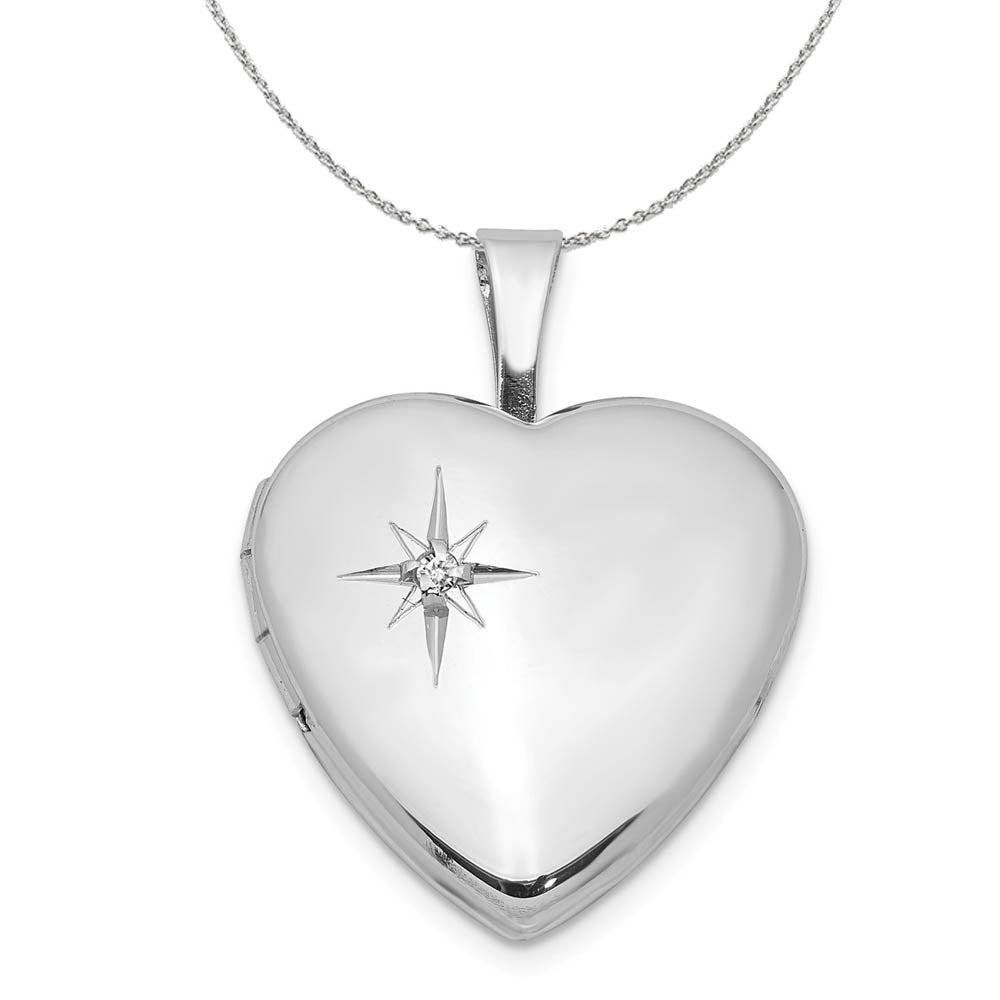 16mm Diamond Star Design Heart Shaped Silver Locket Necklace, Item N15969 by The Black Bow Jewelry Co.
