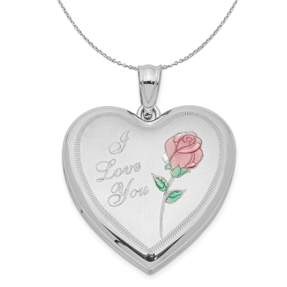 Sterling Silver and Enamel 24mm I Love You Rose Heart Locket Necklace, Item N15993 by The Black Bow Jewelry Co.