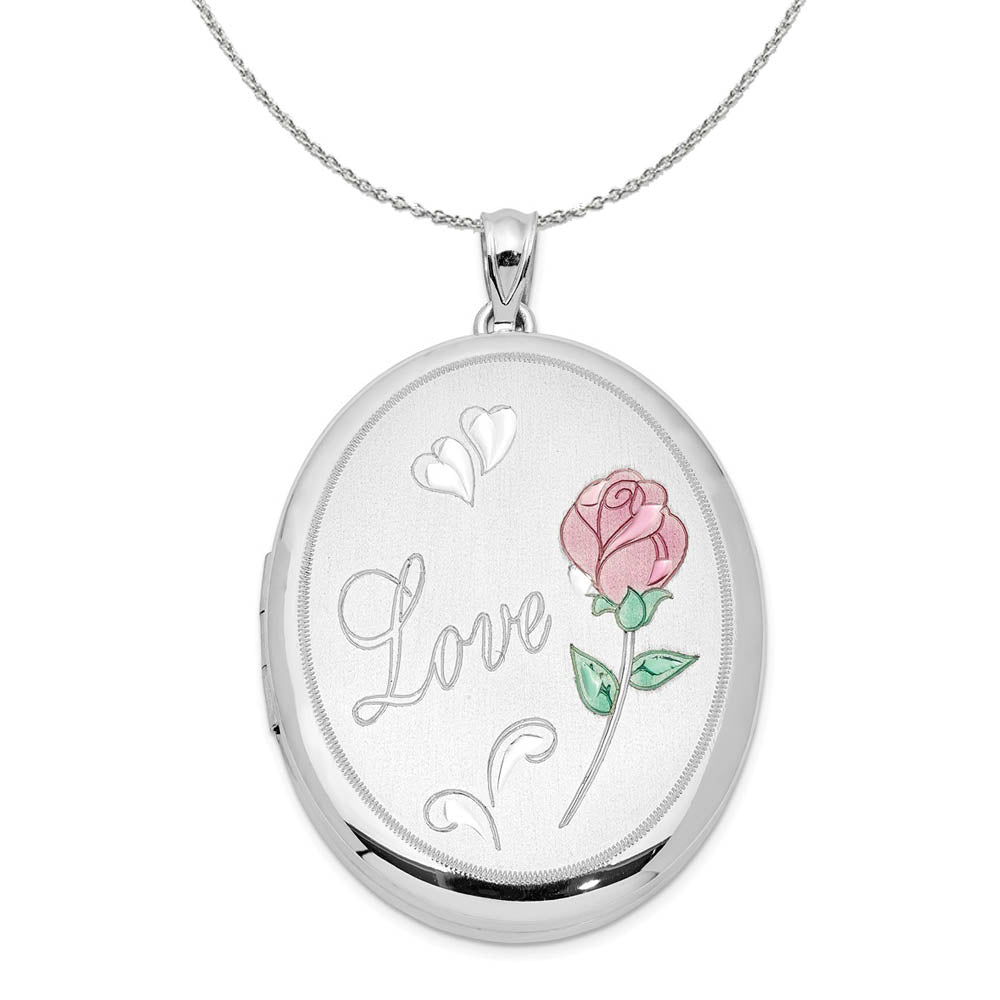 Sterling Silver and Enamel 34mm Love Rose Oval Locket Necklace, Item N15994 by The Black Bow Jewelry Co.