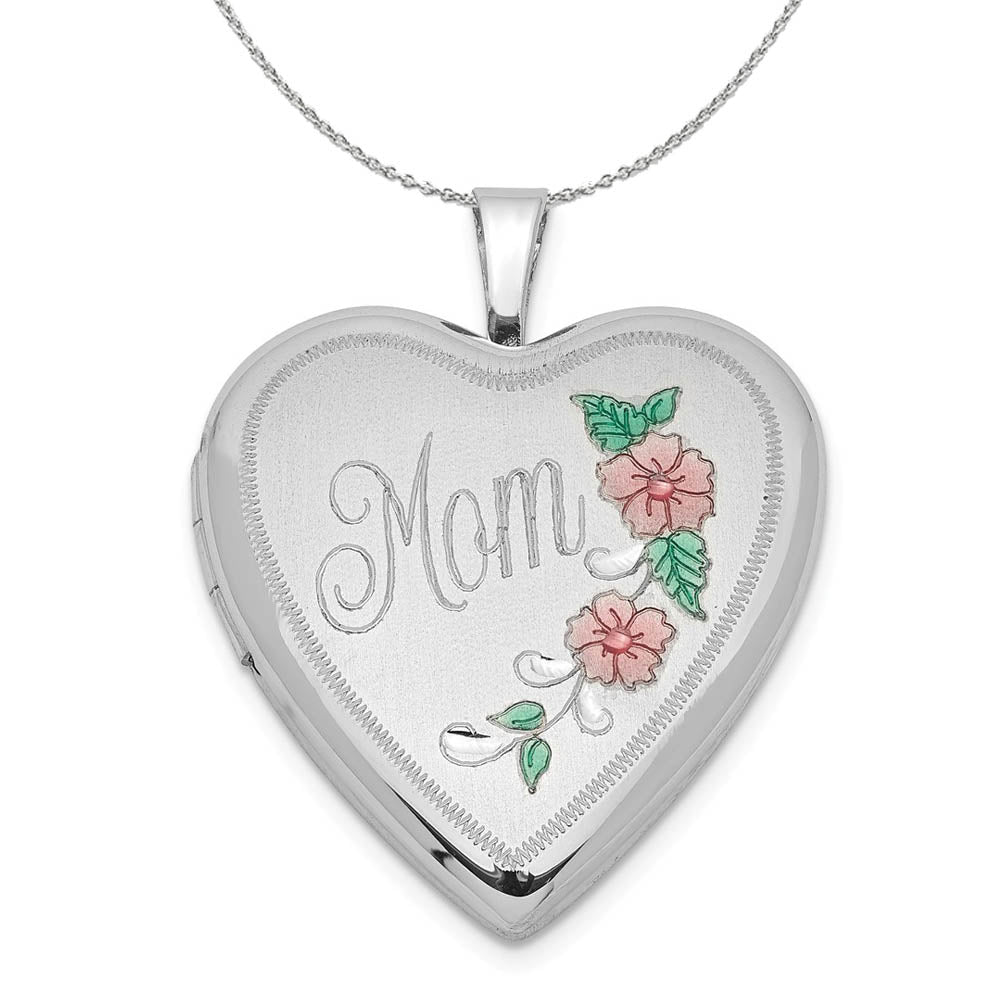 Sterling Silver and Enamel 20mm Mom Floral Heart Locket Necklace, Item N15997 by The Black Bow Jewelry Co.