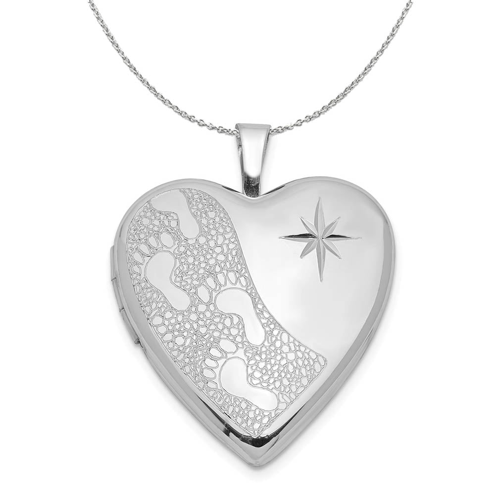 Silver 20mm Footprints and Diamond Cut Star Heart Locket Necklace, Item N16014 by The Black Bow Jewelry Co.