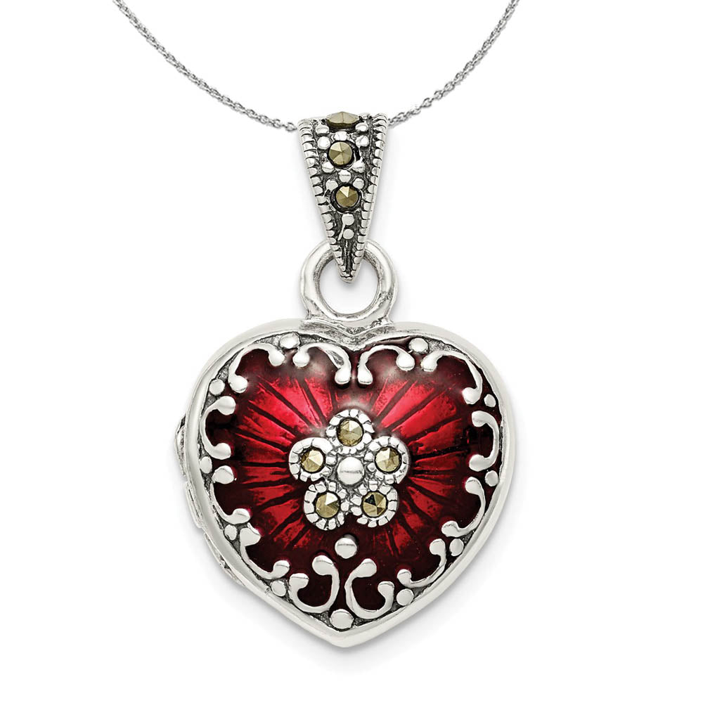 Silver, Red Enamel and Marcasite Antiqued Heart Locket, 16mm Necklace, Item N16022 by The Black Bow Jewelry Co.