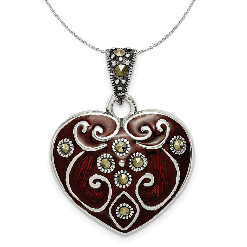 Sterling Silver, Red Enamel and Marcasite Heart 21mm Necklace, Item N16023 by The Black Bow Jewelry Co.