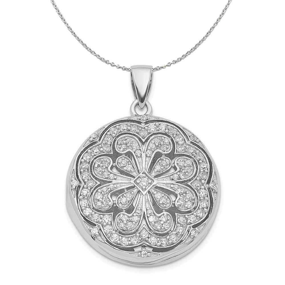 Sterling Silver and Cubic Zirconia Flower Design Locket, 22mm Necklace, Item N16035 by The Black Bow Jewelry Co.
