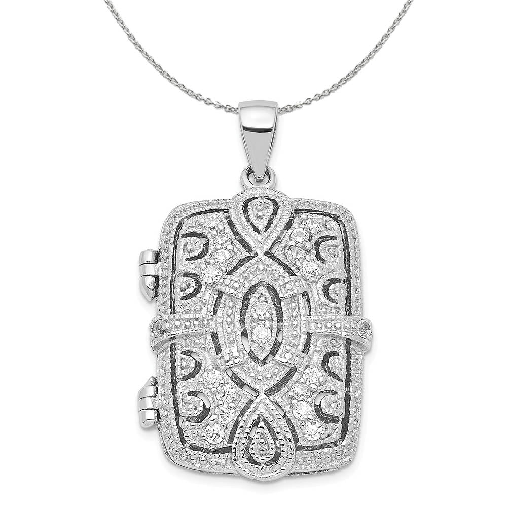 Silver and CZ Geometric Design Rectangular Locket, 24mm Necklace, Item N16036 by The Black Bow Jewelry Co.