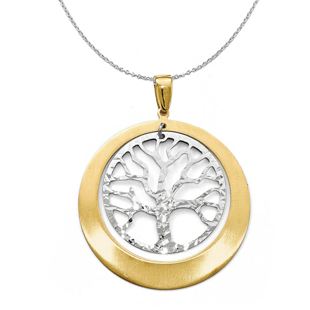 Sterling Silver and Gold Tone Textured Tree Circle 38 x 48mm Necklace, Item N16203 by The Black Bow Jewelry Co.
