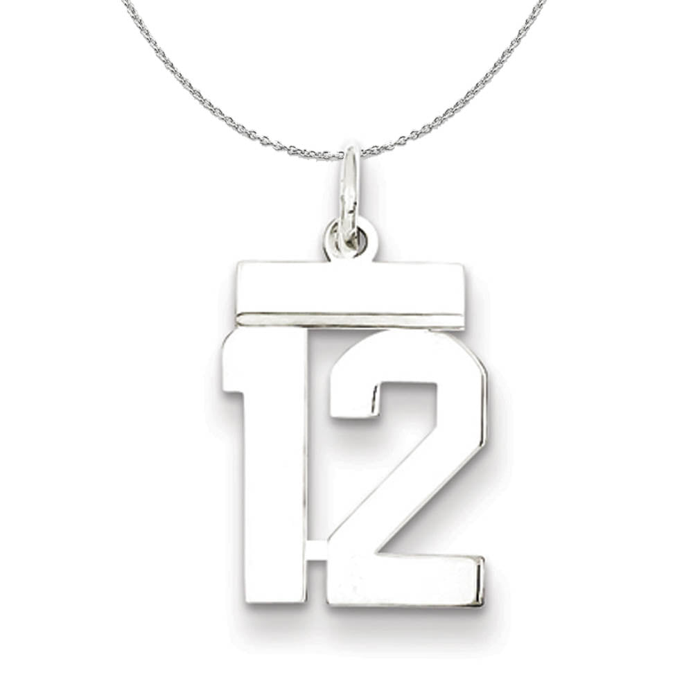 Silver, Athletic Collection Medium Polished Number 12 Necklace, Item N16221 by The Black Bow Jewelry Co.