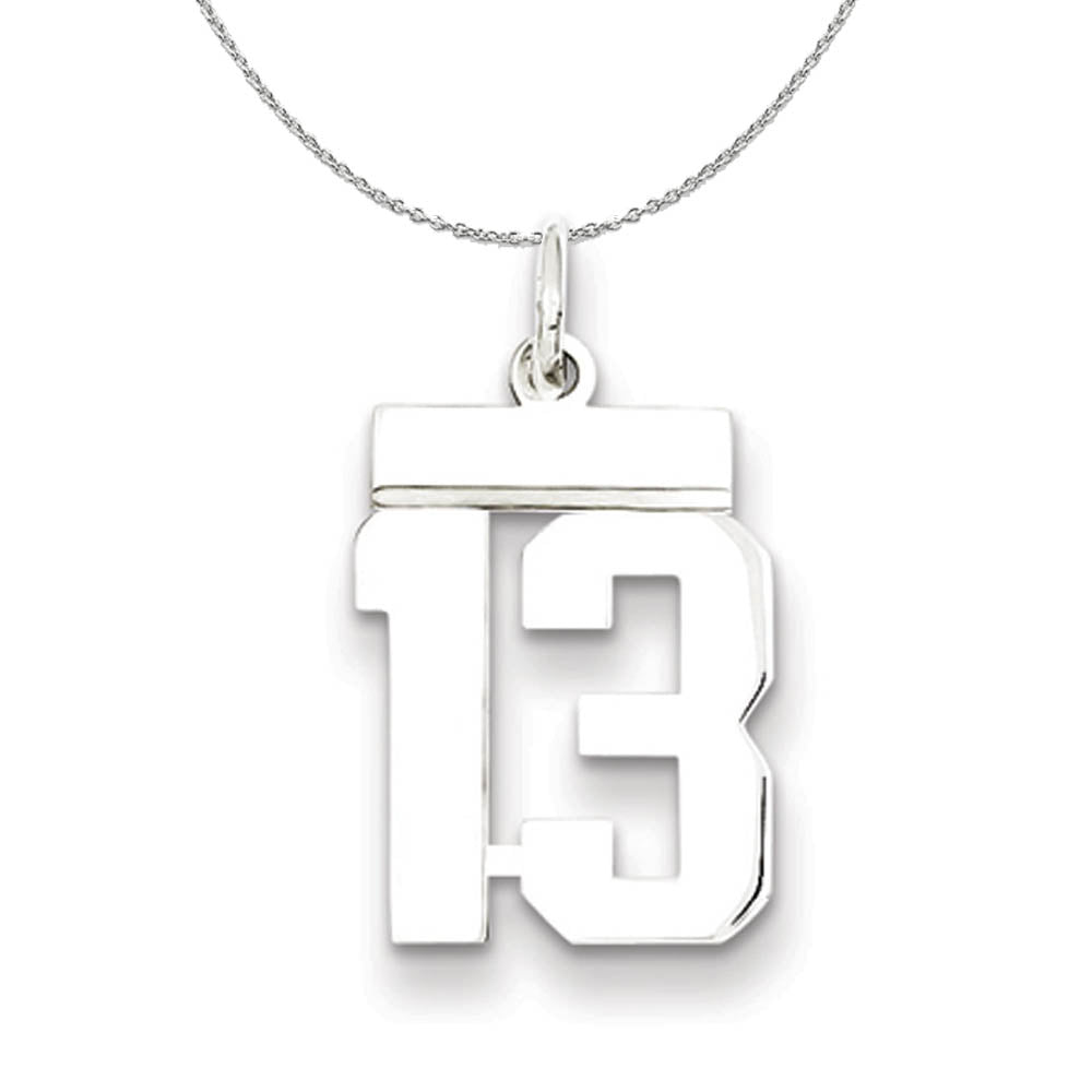 Silver, Athletic Collection Medium Polished Number 13 Necklace, Item N16222 by The Black Bow Jewelry Co.