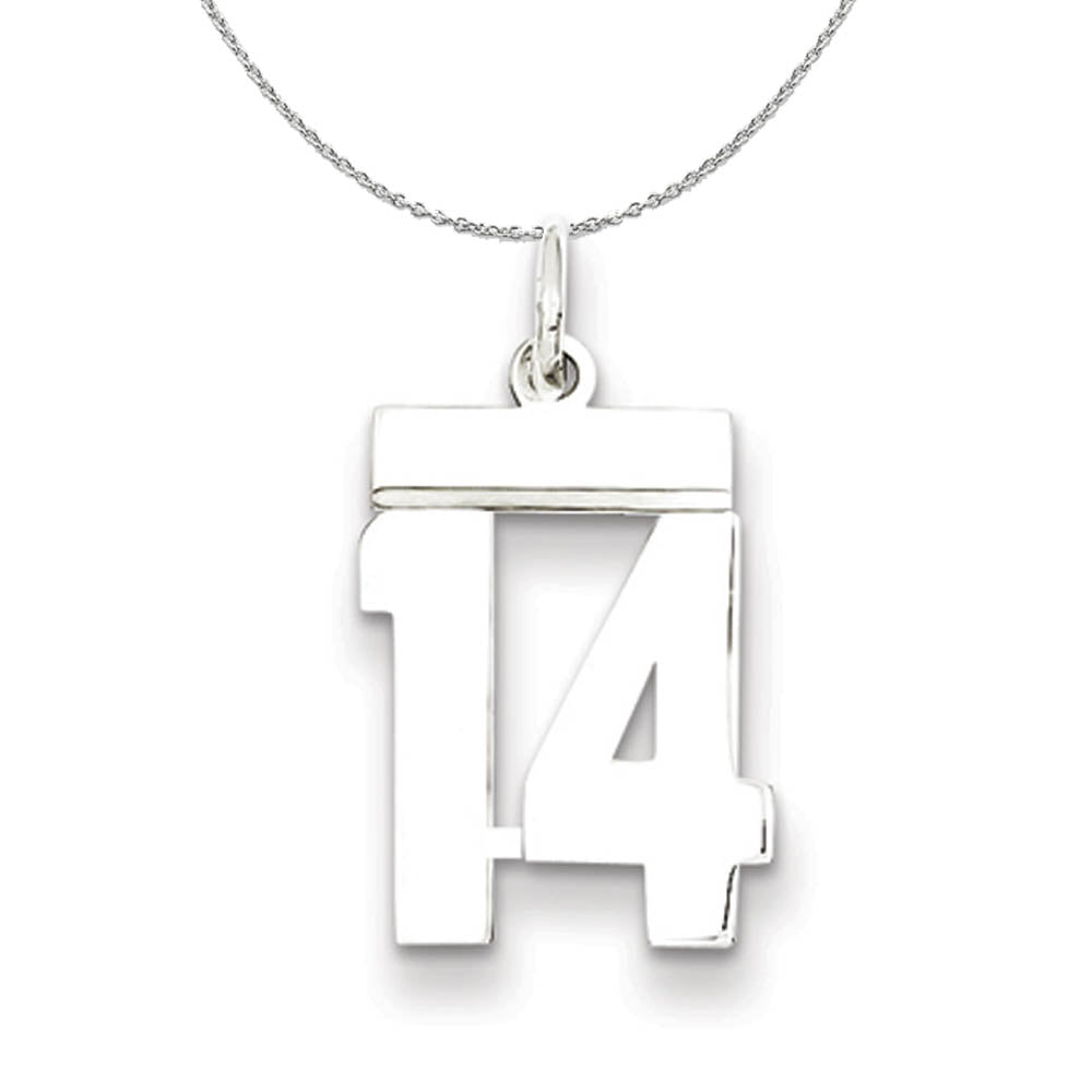Silver, Athletic Collection Medium Polished Number 14 Necklace, Item N16223 by The Black Bow Jewelry Co.