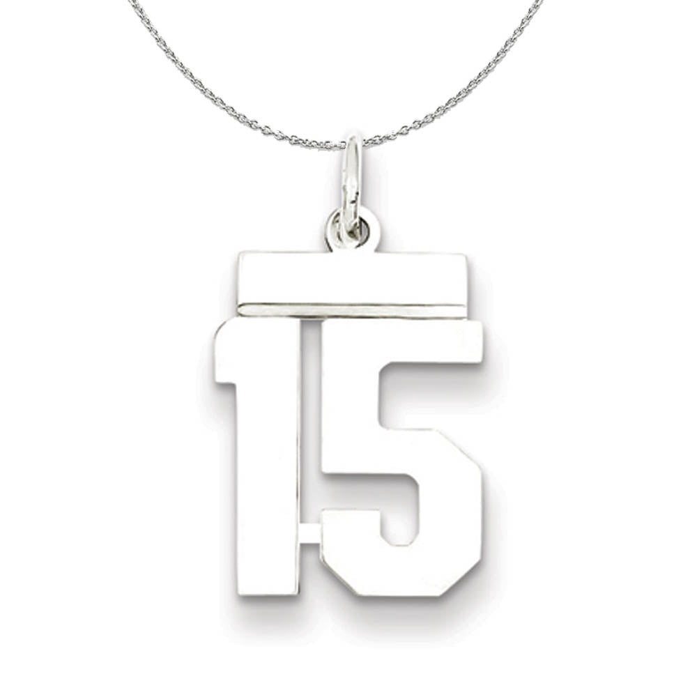 Silver, Athletic Collection Medium Polished Number 15 Necklace, Item N16224 by The Black Bow Jewelry Co.