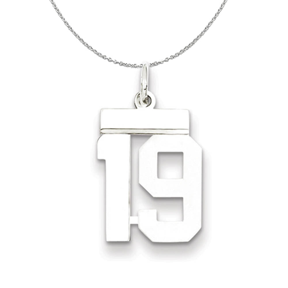 Silver, Athletic Collection Medium Polished Number 19 Necklace, Item N16228 by The Black Bow Jewelry Co.