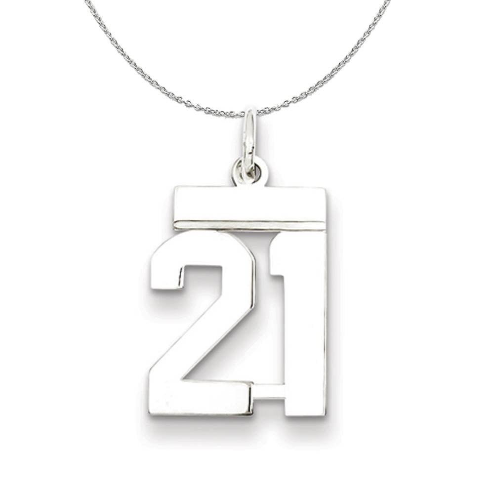 Silver, Athletic Collection Medium Polished Number 21 Necklace, Item N16231 by The Black Bow Jewelry Co.