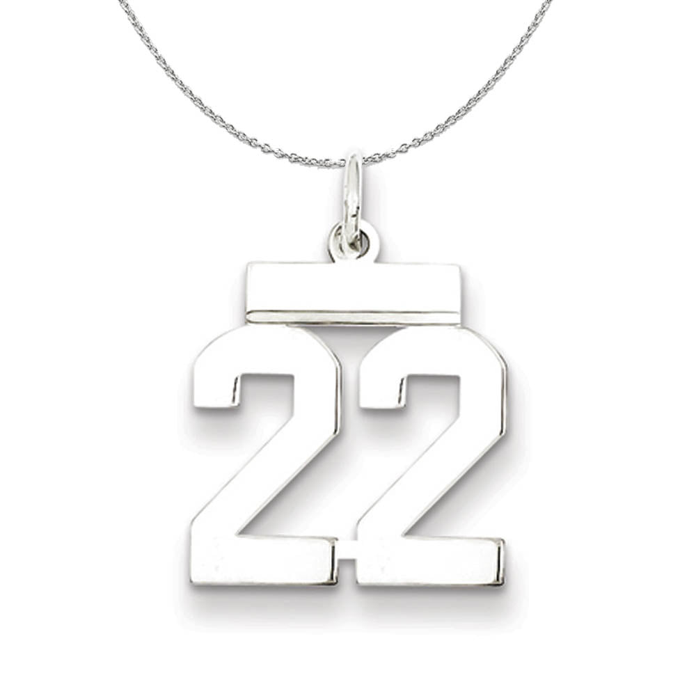 Silver, Athletic Collection Medium Polished Number 22 Necklace, Item N16232 by The Black Bow Jewelry Co.