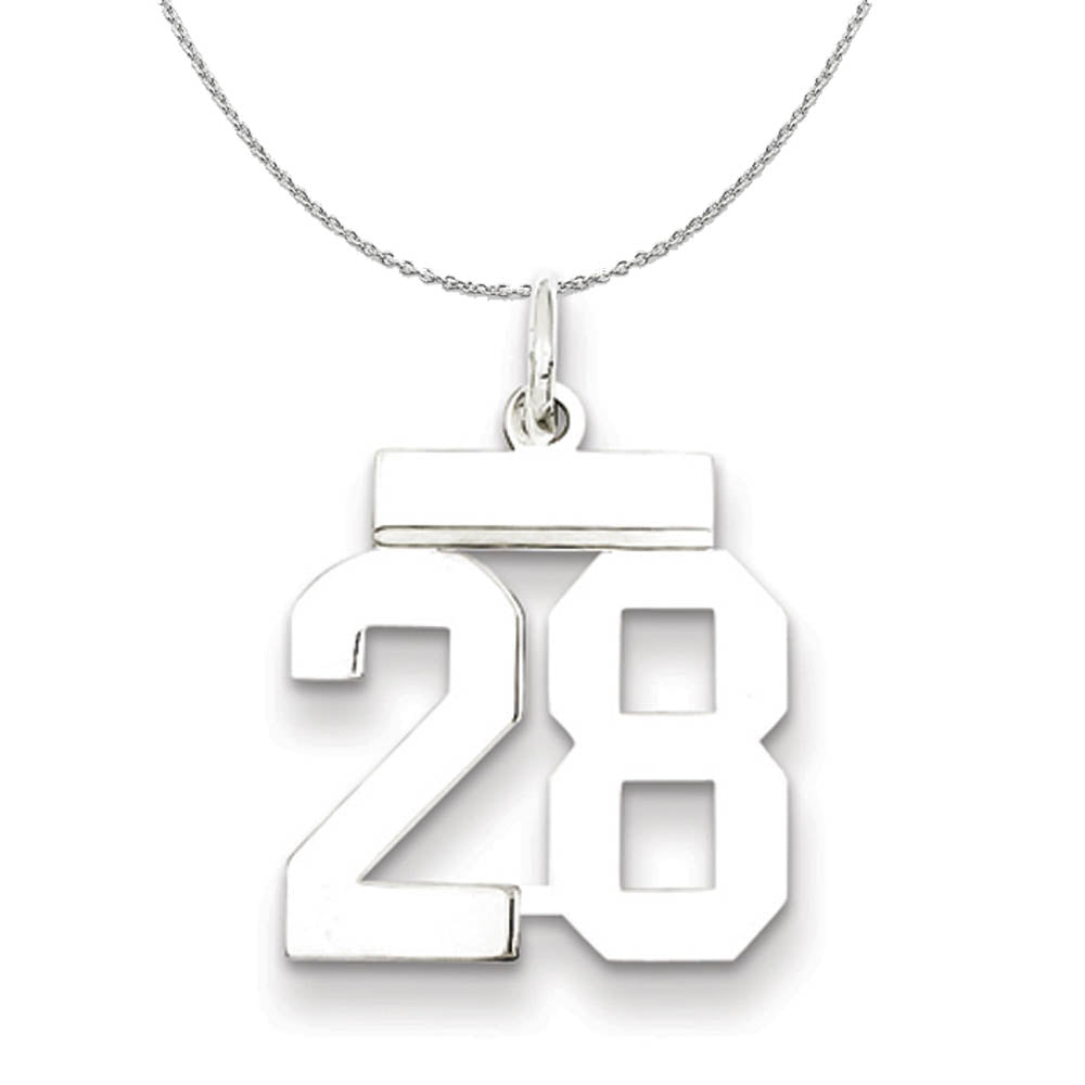 Silver, Athletic Collection Medium Polished Number 28 Necklace, Item N16238 by The Black Bow Jewelry Co.