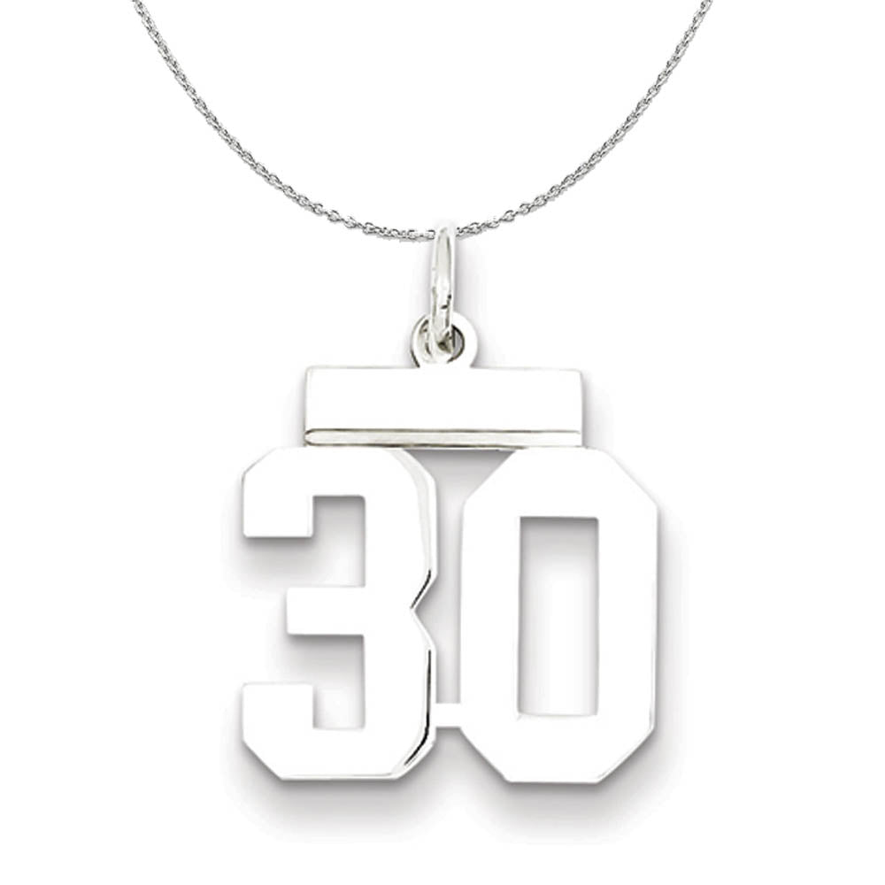 Silver, Athletic Collection Medium Polished Number 30 Necklace, Item N16241 by The Black Bow Jewelry Co.