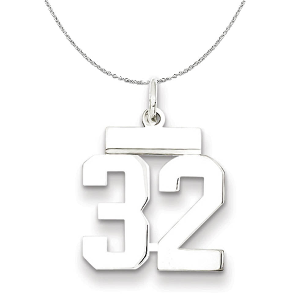 Silver, Athletic Collection Medium Polished Number 32 Necklace, Item N16243 by The Black Bow Jewelry Co.