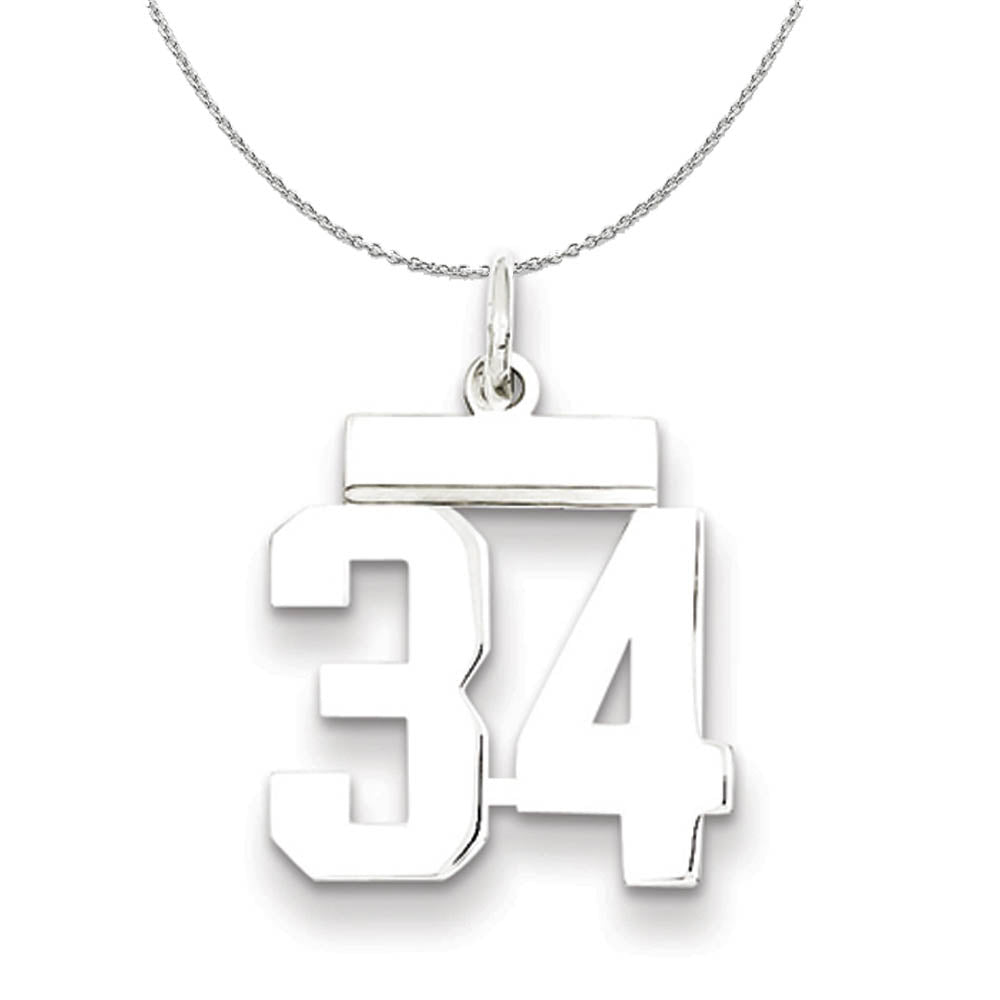 Silver, Athletic Collection Medium Polished Number 34 Necklace, Item N16245 by The Black Bow Jewelry Co.