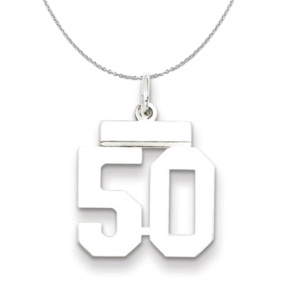 Silver, Athletic Collection Medium Polished Number 50 Necklace, Item N16263 by The Black Bow Jewelry Co.