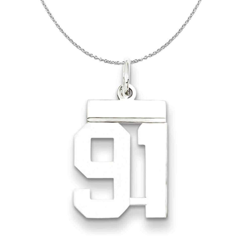 Silver, Athletic Collection Medium Polished Number 91 Necklace, Item N16308 by The Black Bow Jewelry Co.