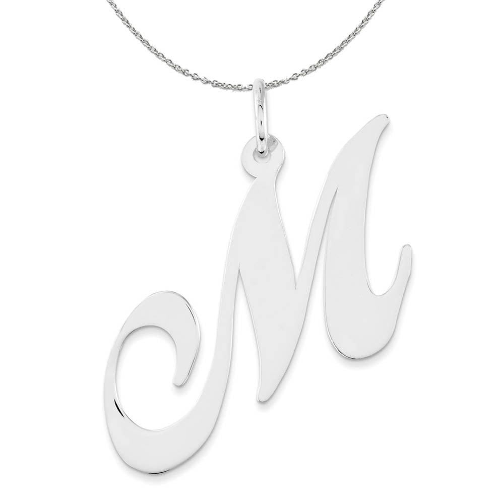 Sterling Silver, Ella Collection, LG Fancy Script Initial M Necklace, Item N16329 by The Black Bow Jewelry Co.