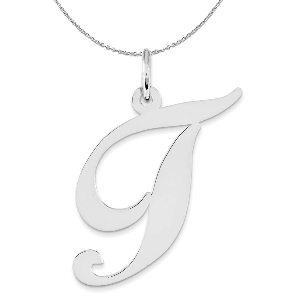 Sterling Silver, Ella Collection, LG Fancy Script Initial T Necklace, Item N16336 by The Black Bow Jewelry Co.