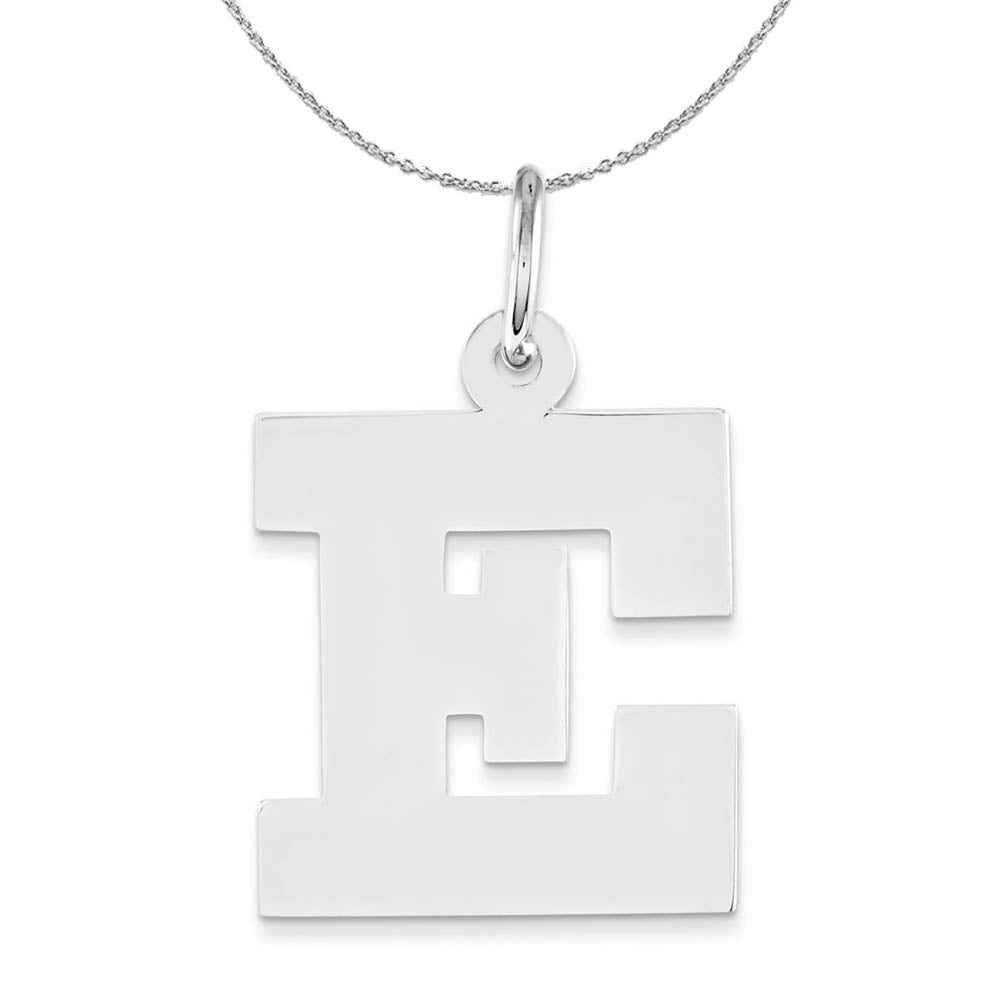 Silver Amanda Collection Medium Block Style Initial E Necklace, Item N16347 by The Black Bow Jewelry Co.