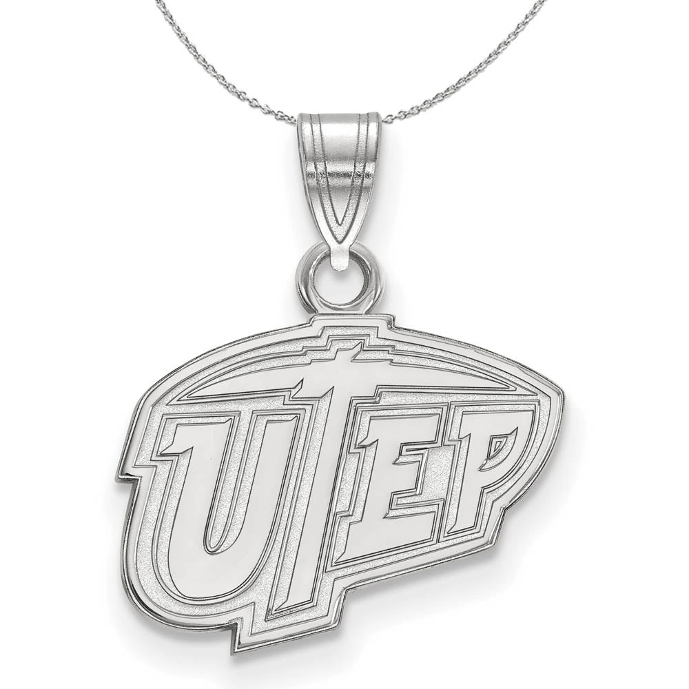 Sterling Silver U. of Texas at El Paso Small 'UTEP' Necklace, Item N16491 by The Black Bow Jewelry Co.