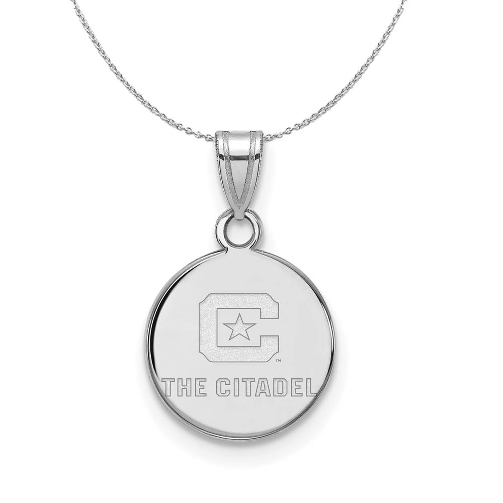 Rhodium Plated Sterling Silver The Citadel Small Logo Disc Necklace, Item N16538 by The Black Bow Jewelry Co.