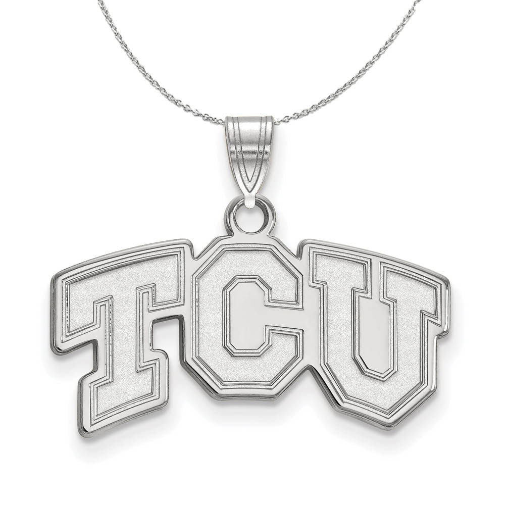 Sterling Silver Texas Christian U. Small 'TCU' Pendant Necklace, Item N16539 by The Black Bow Jewelry Co.