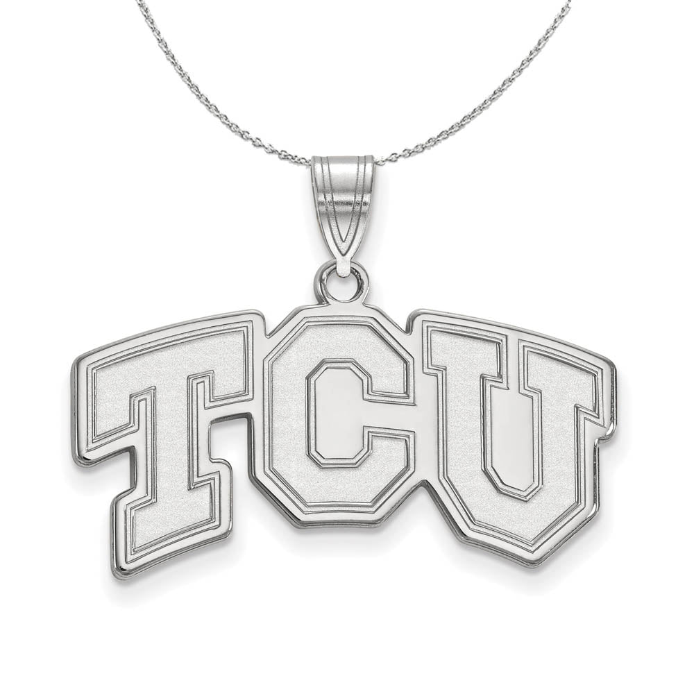 Sterling Silver Texas Christian U. Medium 'TCU' Pendant Necklace, Item N16586 by The Black Bow Jewelry Co.