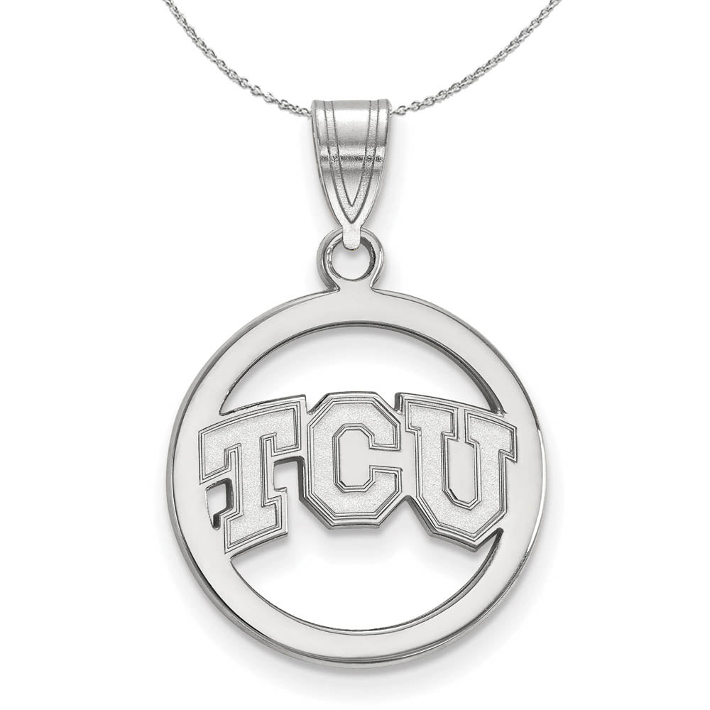 Sterling Silver Texas Christian U. Small Circle Pendant Necklace, Item N16652 by The Black Bow Jewelry Co.