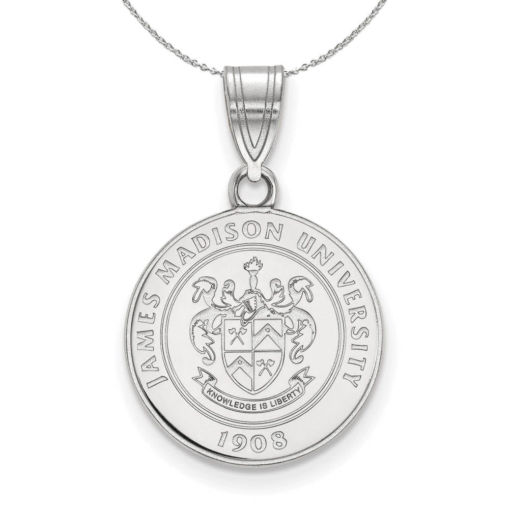 Sterling Silver James Madison U Medium Crest Pendant Necklace, Item N16683 by The Black Bow Jewelry Co.