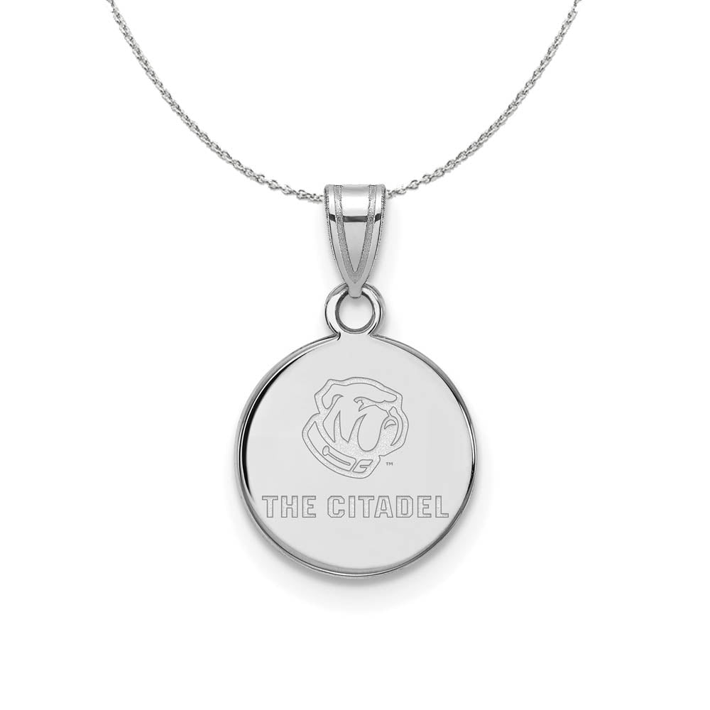 Rhodium Plated Sterling Silver The Citadel SM Bulldogs Disc Necklace, Item N16720 by The Black Bow Jewelry Co.