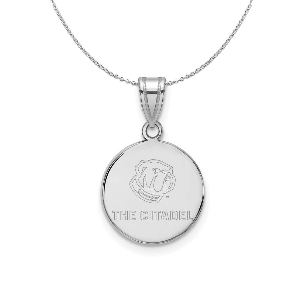 Rhodium Plated Sterling Silver The Citadel MD Bulldogs Disc Necklace, Item N16743 by The Black Bow Jewelry Co.