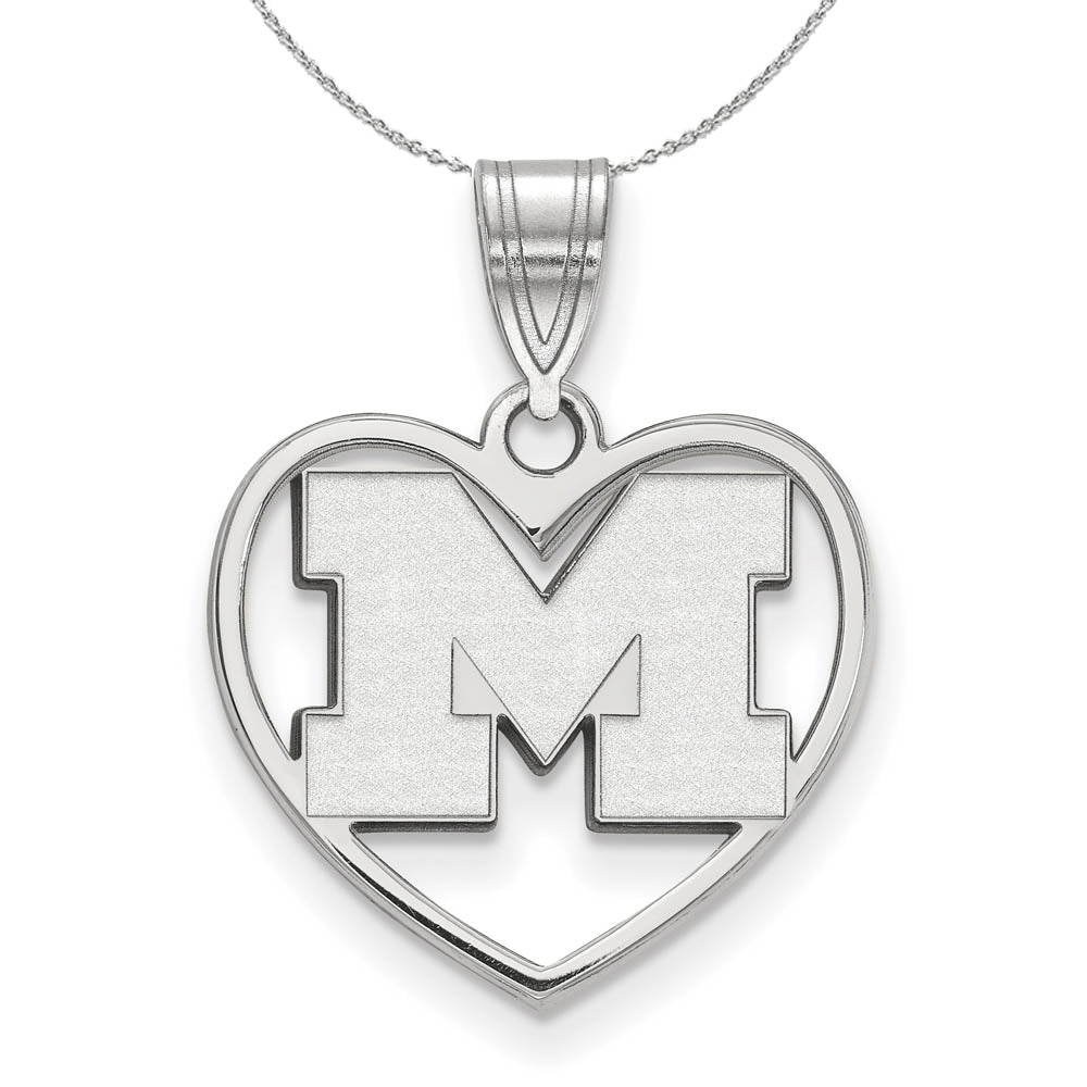 Sterling Silver U. of Michigan Initial M Heart Pendant Necklace, Item N16746 by The Black Bow Jewelry Co.