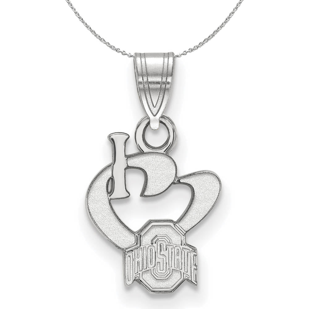 Sterling Silver Ohio State Small I Love Logo Pendant Necklace, Item N16757 by The Black Bow Jewelry Co.