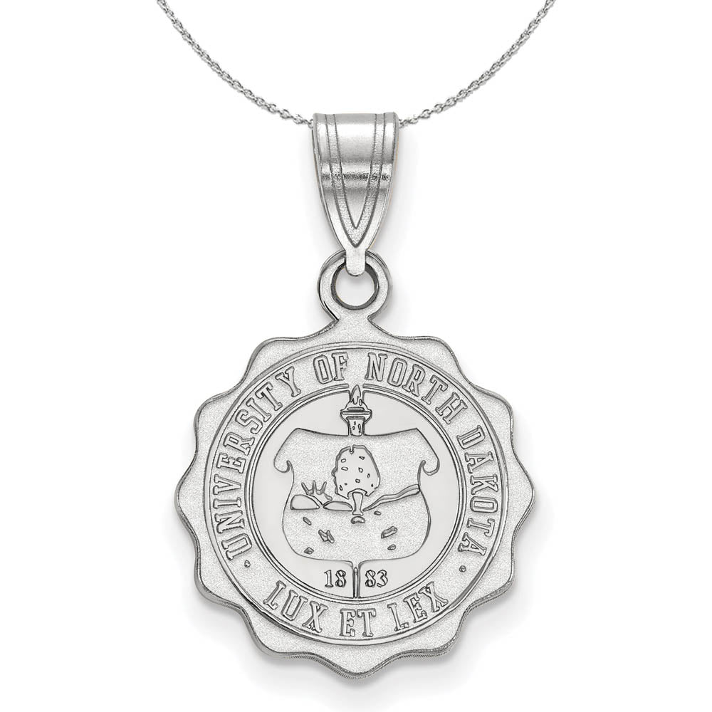 Sterling Silver North Dakota Medium Crest Pendant Necklace, Item N16821 by The Black Bow Jewelry Co.