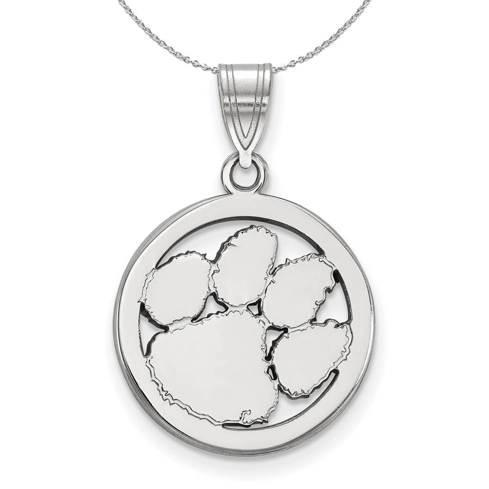 Sterling Silver Clemson U Small Circle Pendant Necklace, Item N16836 by The Black Bow Jewelry Co.