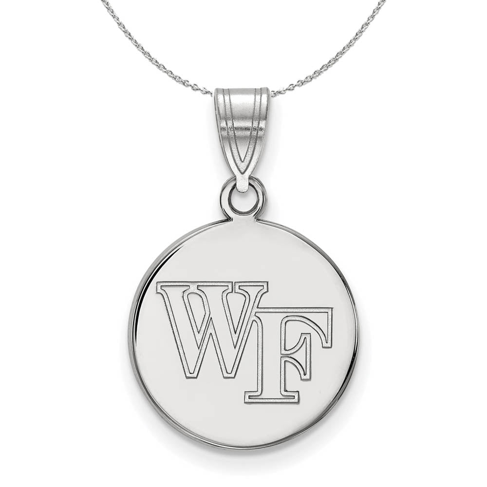 Sterling Silver Wake Forest U Medium Disc Pendant Necklace, Item N16848 by The Black Bow Jewelry Co.