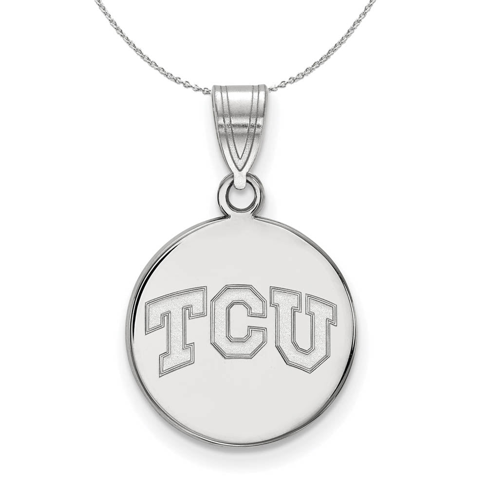Sterling Silver Texas Christian U Medium Disc Pendant Necklace, Item N16864 by The Black Bow Jewelry Co.