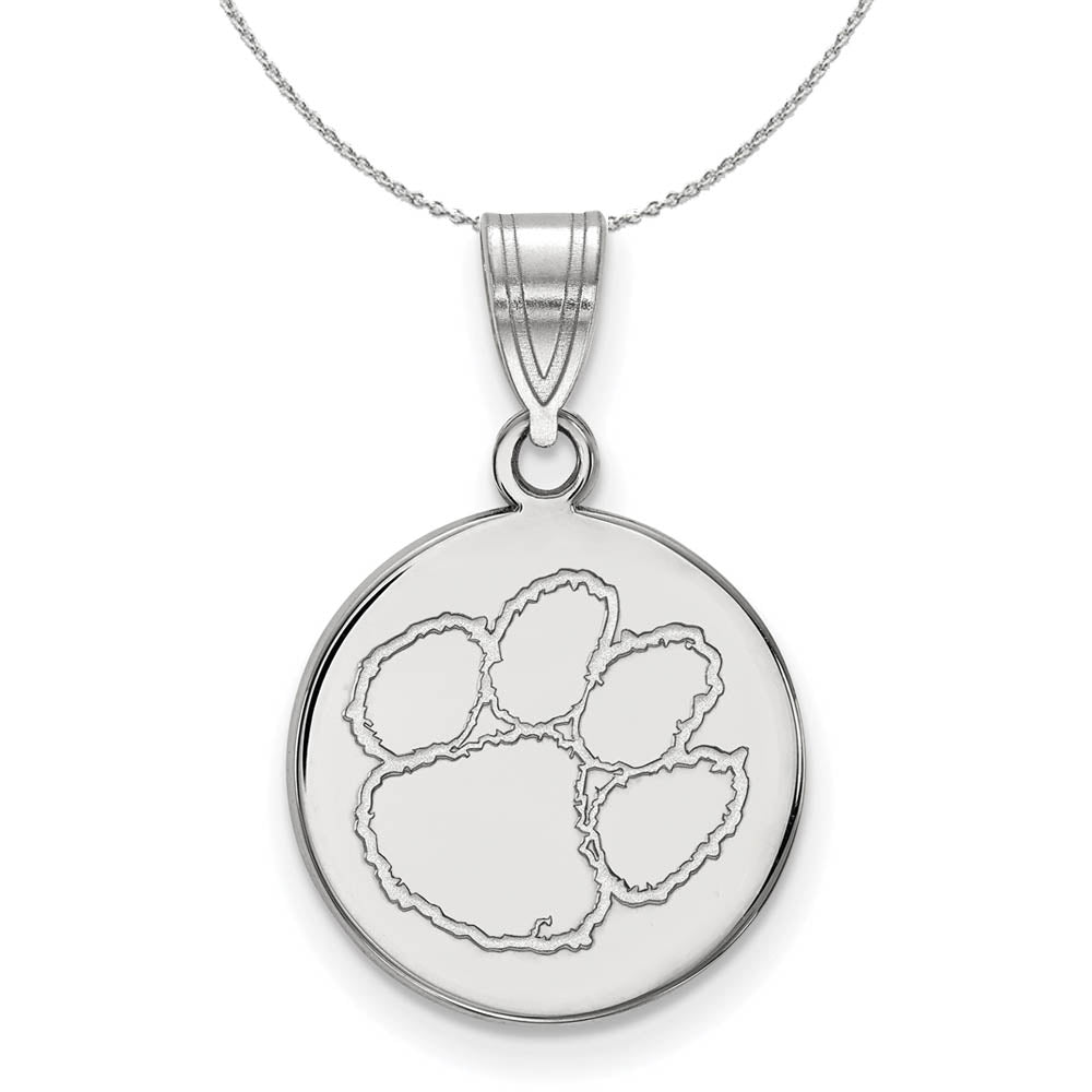 Sterling Silver Clemson U Medium Disc Pendant Necklace, Item N16870 by The Black Bow Jewelry Co.