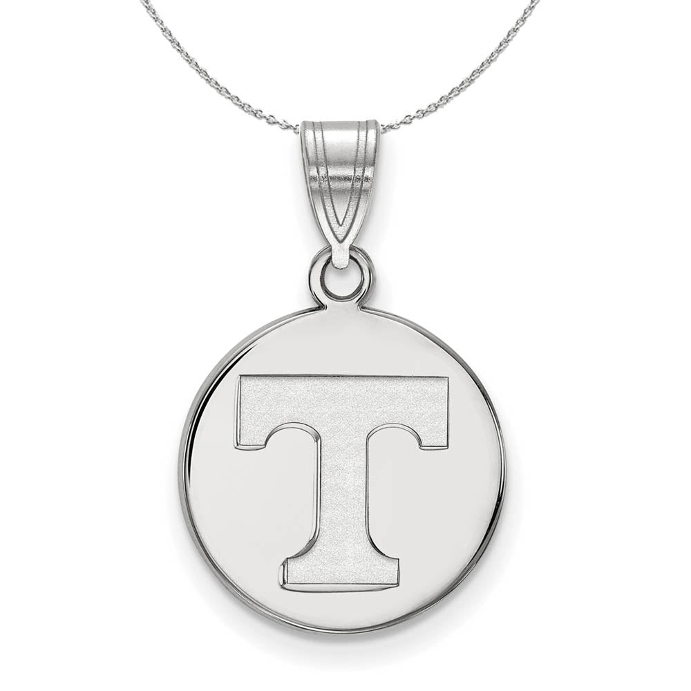 Sterling Silver U. of Tennessee Medium Initial T Disc Necklace, Item N16875 by The Black Bow Jewelry Co.