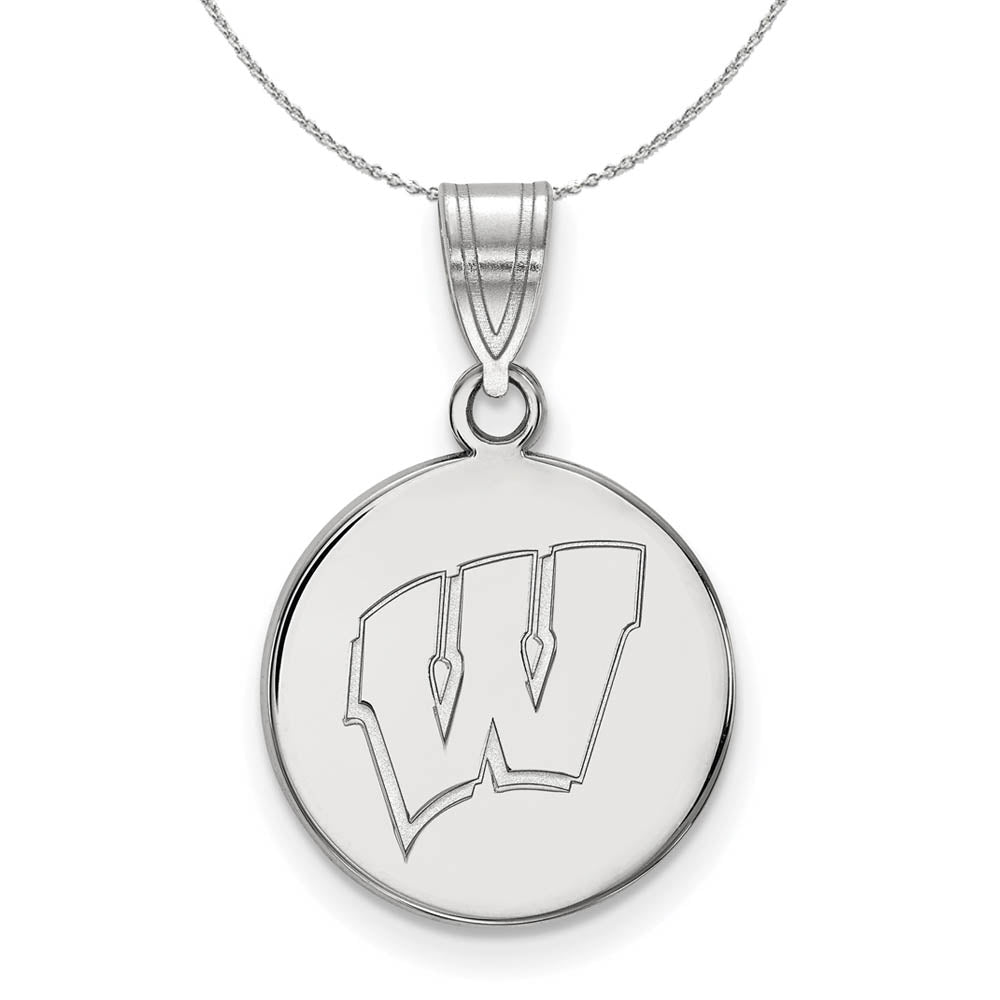 Sterling Silver U of Wisconsin Medium Initial W Disc Necklace, Item N16877 by The Black Bow Jewelry Co.