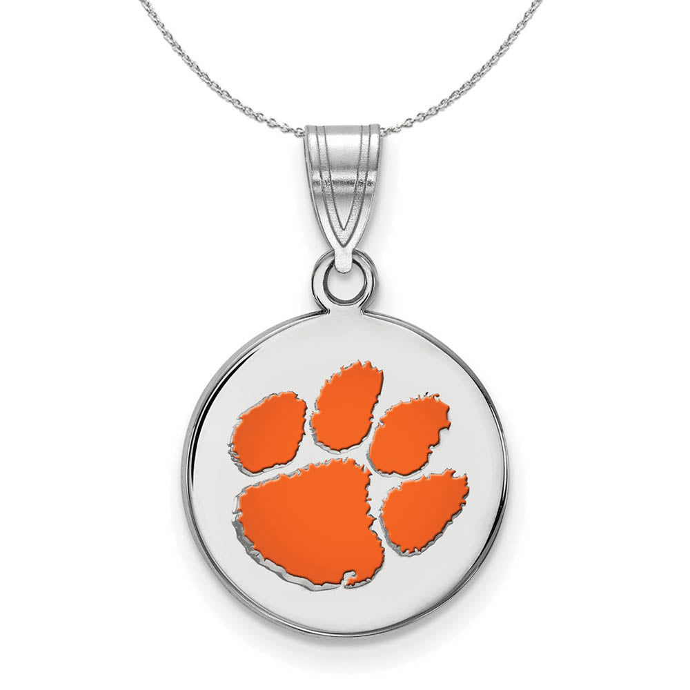 Sterling Silver Clemson U Medium Enamel Disc Pendant Necklace, Item N16879 by The Black Bow Jewelry Co.