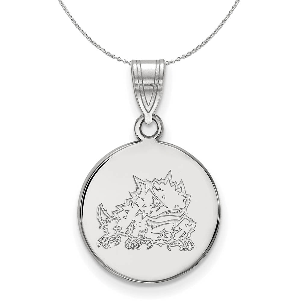 Sterling Silver Texas Christian U. Medium Disc Pendant Necklace, Item N16883 by The Black Bow Jewelry Co.