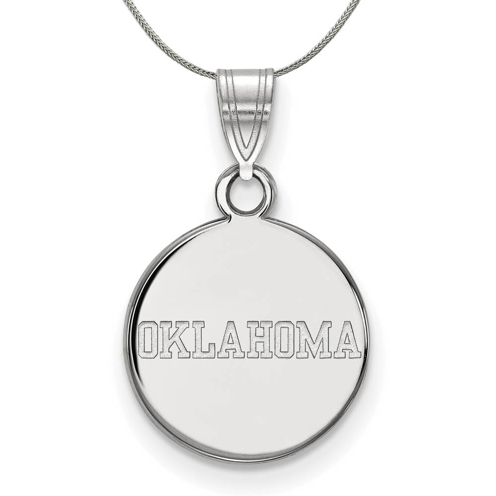 Sterling Silver U. of Oklahoma Small Disc Pendant Necklace, Item N16937 by The Black Bow Jewelry Co.