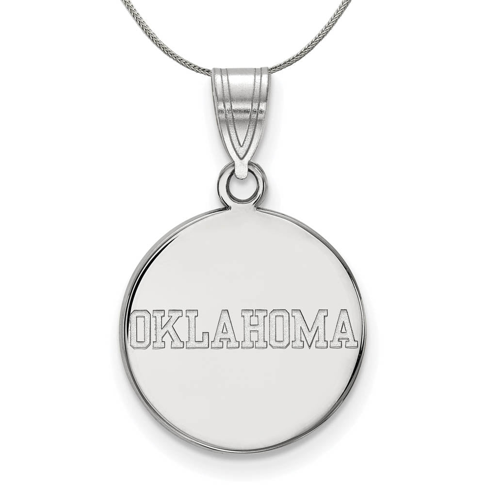 Sterling Silver U. of Oklahoma Medium Disc Pendant Necklace, Item N16941 by The Black Bow Jewelry Co.